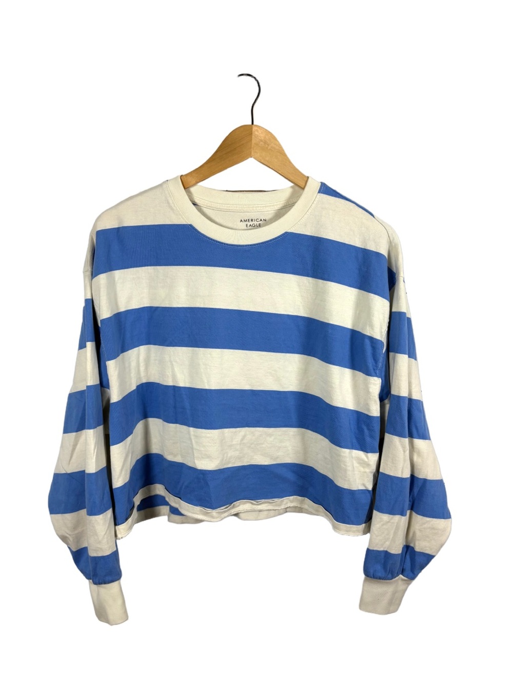 American Eagle Blue White Striped Cropped Long Sleeve Top Womens S